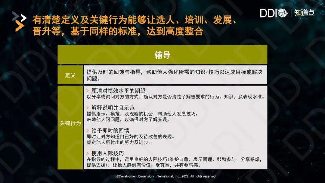 有清楚定義及關鍵行為能夠讓選人、培訓、發展、晉升等，基于同樣的標準，達到高度整合